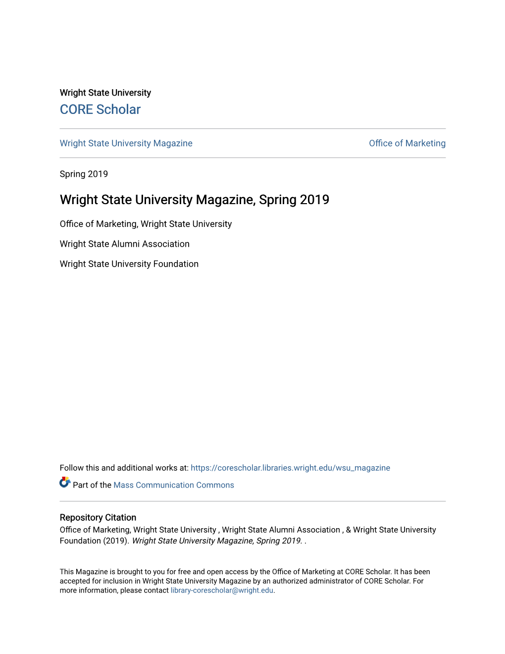 Wright State University Magazine, Spring 2019