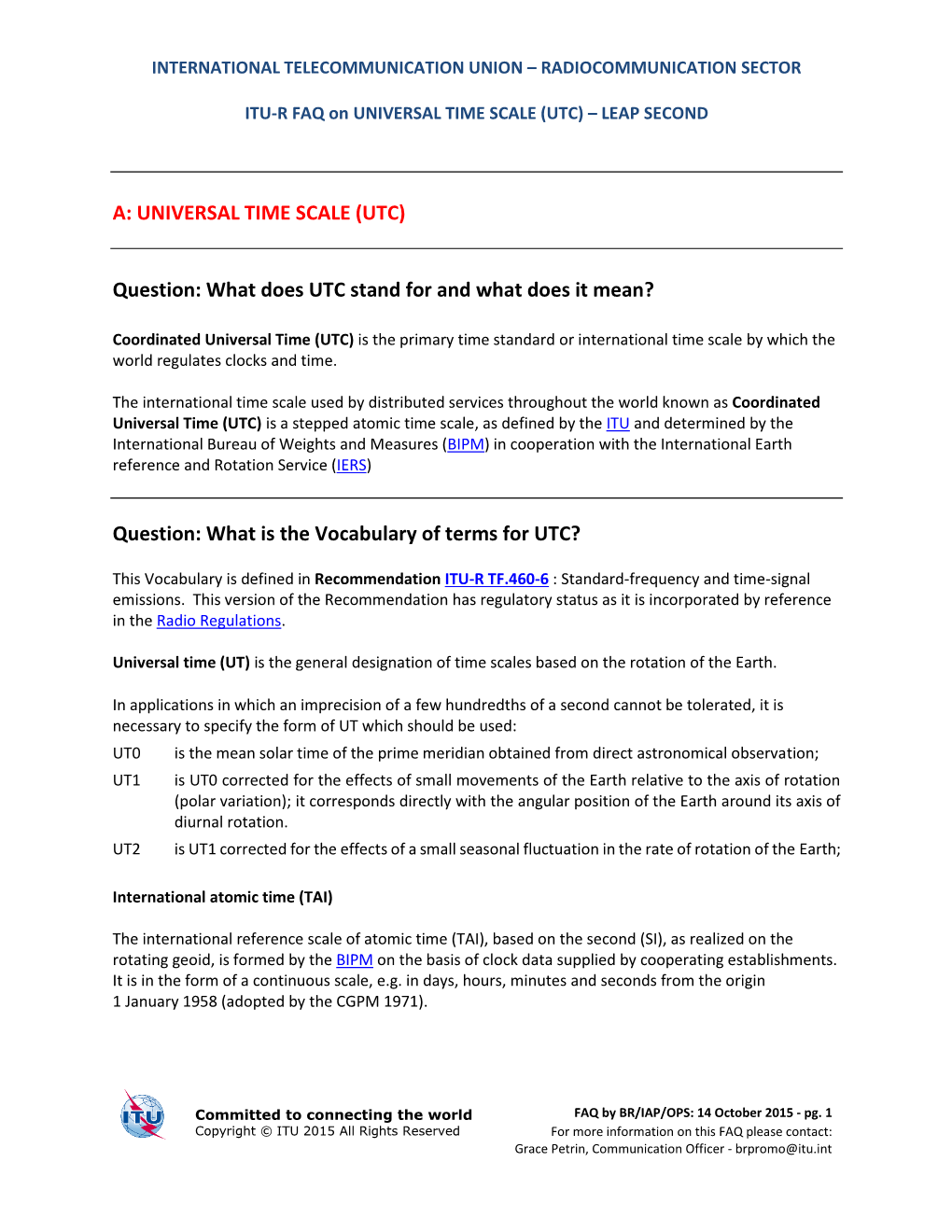 ITU-R FAQ on UNIVERSAL TIME SCALE (UTC) – LEAP SECOND