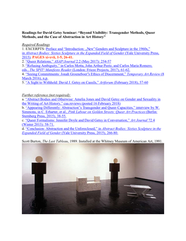 Readings for David Getsy Seminar: “Beyond Visibility: Transgender Methods, Queer Methods, and the Case of Abstraction in Art History"