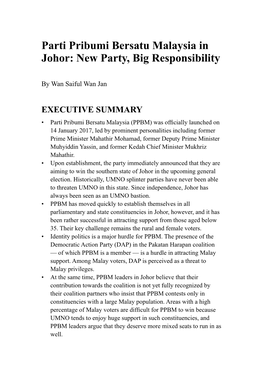 Parti Pribumi Bersatu Malaysia in Johor: New Party, Big Responsibility