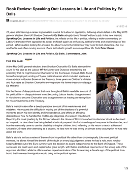 Book Review: Speaking Out: Lessons in Life and Politics by Ed Balls