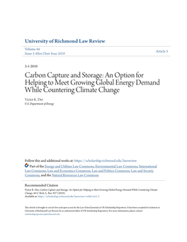 Carbon Capture and Storage: an Option for Helping to Meet Growing Global Energy Demand While Countering Climate Change Victor K