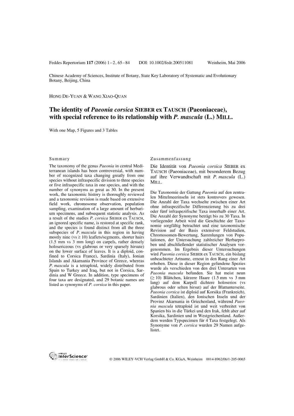 The Identity of Paeonia Corsica SIEBER Ex TAUSCH (Paeoniaceae), with Special Reference to Its Relationship with P