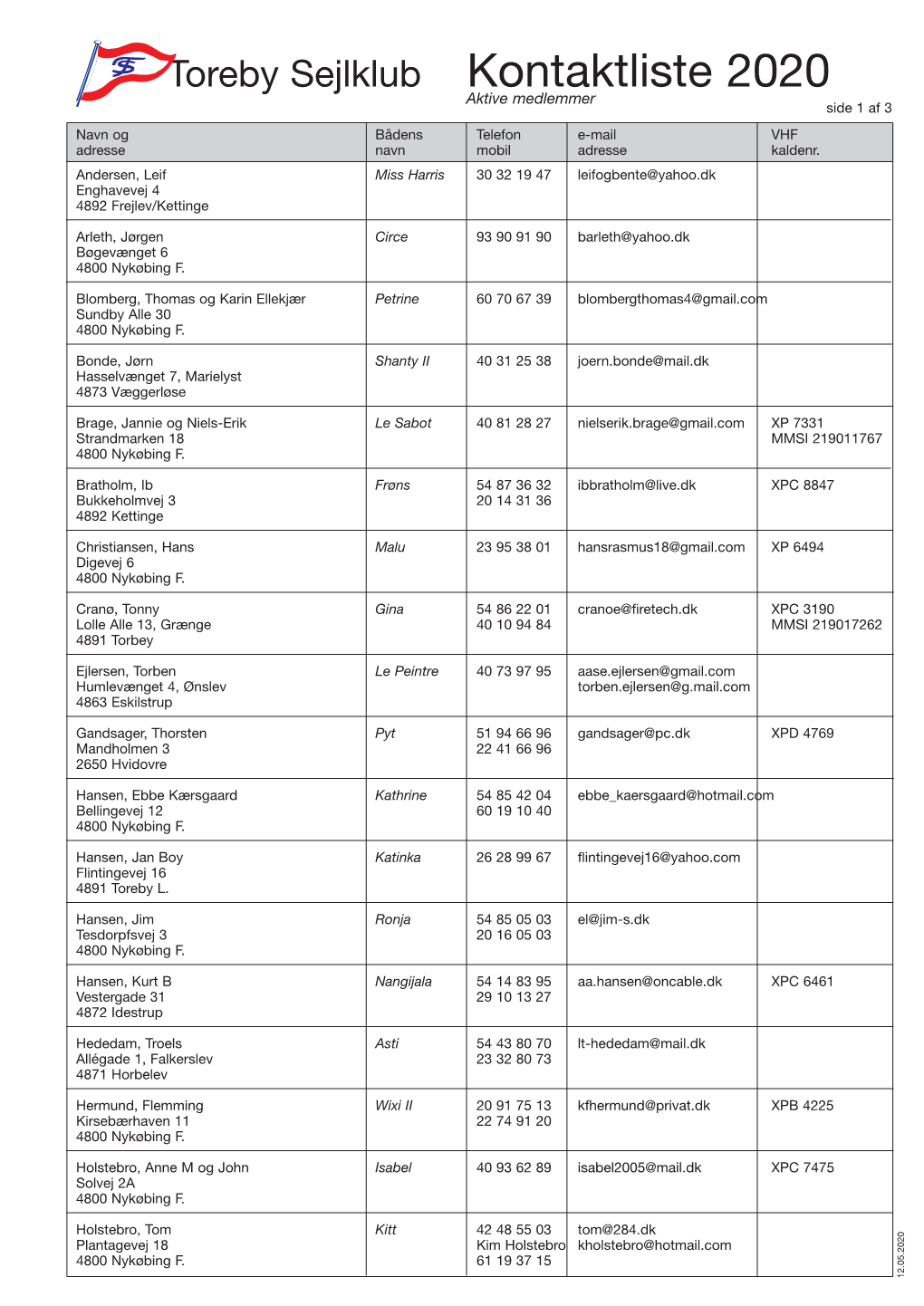 Toreby Sejlklub Kontaktliste 2020 Aktive Medlemmer Side 1 Af 3 Navn Og Bådens Telefon E-Mail VHF Adresse Navn Mobil Adresse Kaldenr