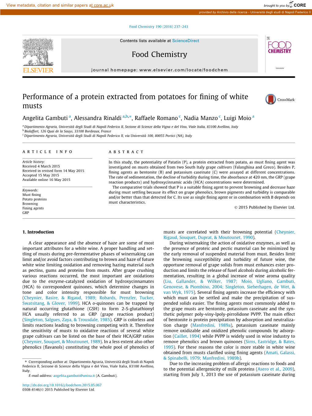 Performance of a Protein Extracted from Potatoes for Fining of White Musts