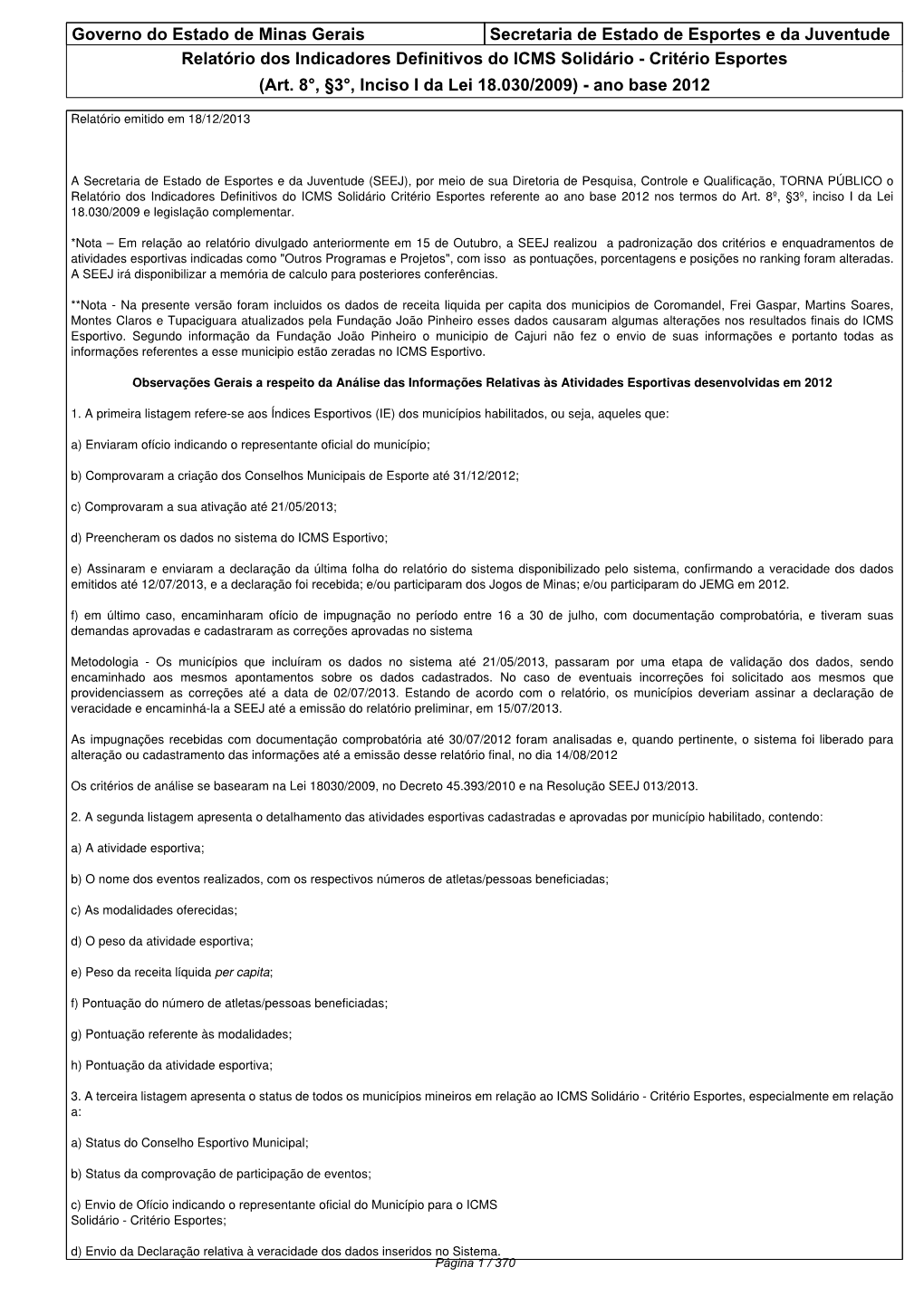 Governo Do Estado De Minas Gerais Secretaria De Estado De Esportes E Da Juventude Relatório Dos Indicadores Definitivos Do ICMS Solidário - Critério Esportes (Art