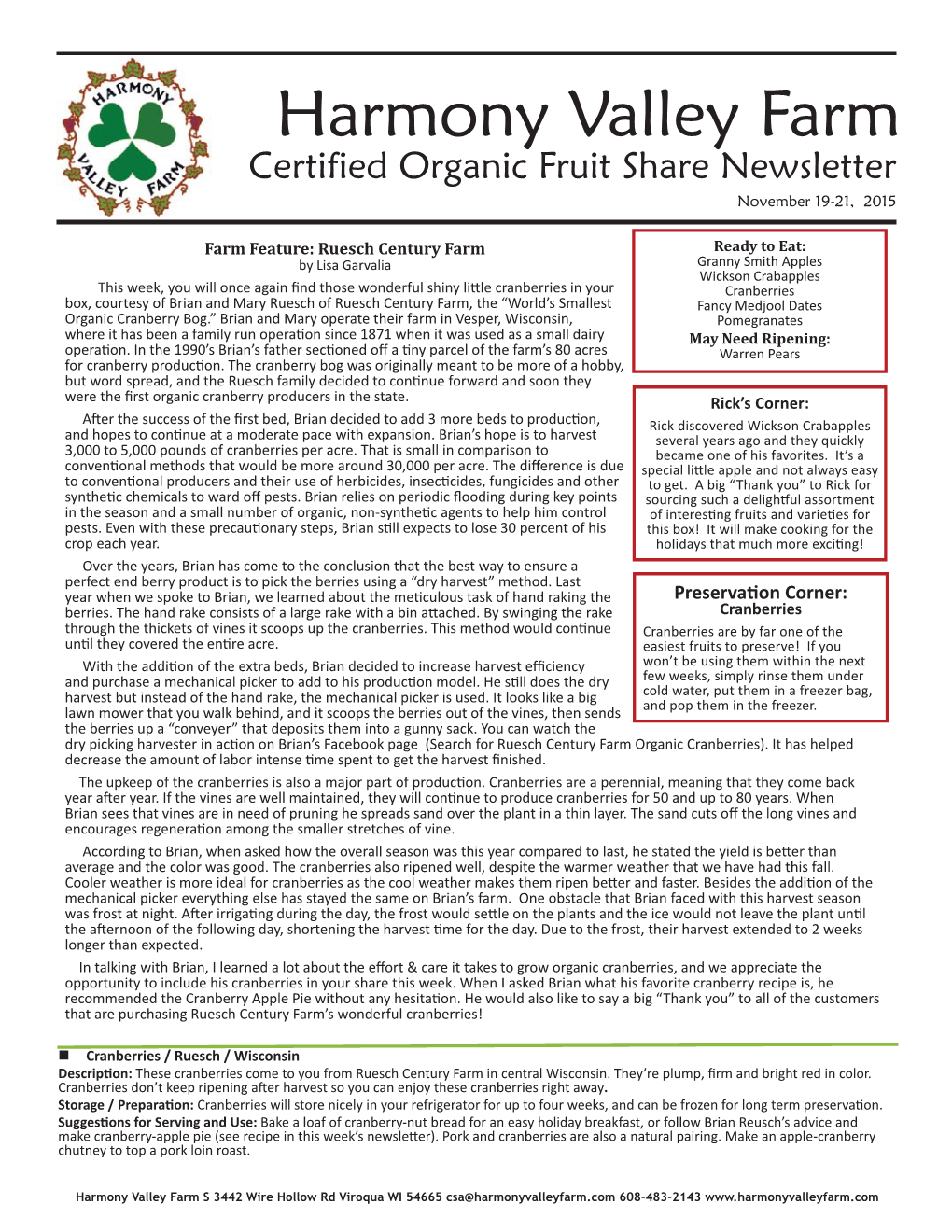 Certified Organic Fruit Share Newsletter November 19-21, 2015