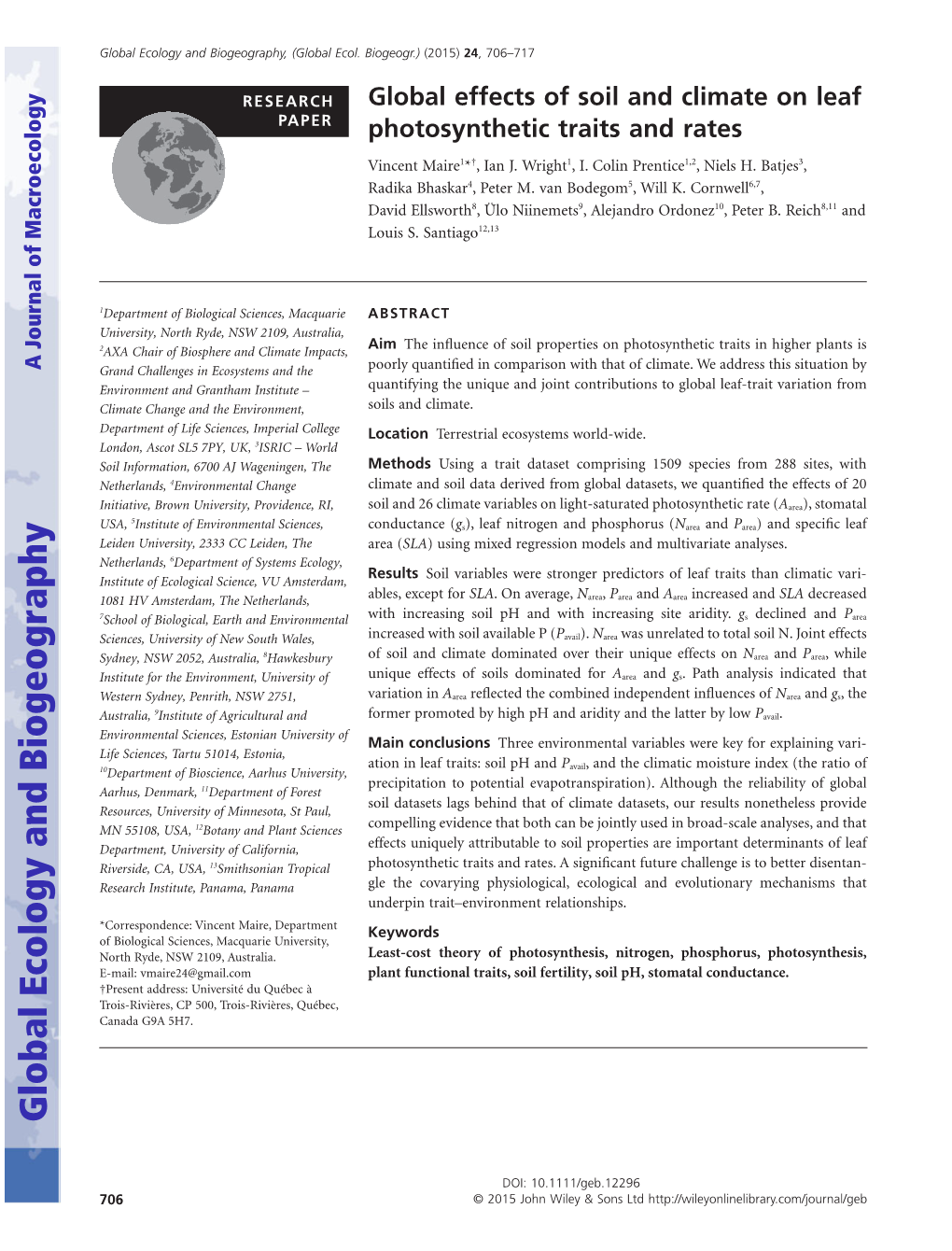 Global Effects of Soil and Climate on Leaf Photosynthetic Traits and Rates