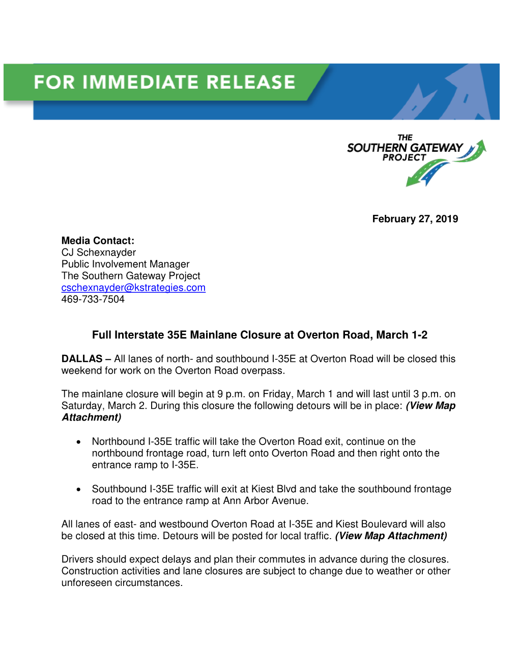 Full Interstate 35E Mainlane Closure at Overton Road, March 1-2