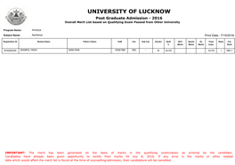 UNIVERSITY of LUCKNOW Post Graduate Admission - 2016 Overall Merit List Based on Qualifying Exam Passed from Other University