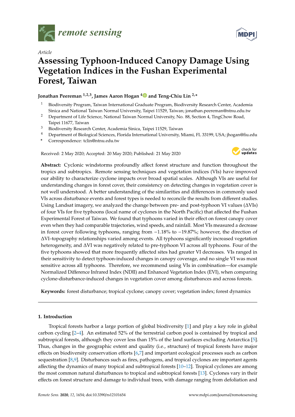 Assessing Typhoon-Induced Canopy Damage Using Vegetation Indices in the Fushan Experimental Forest, Taiwan