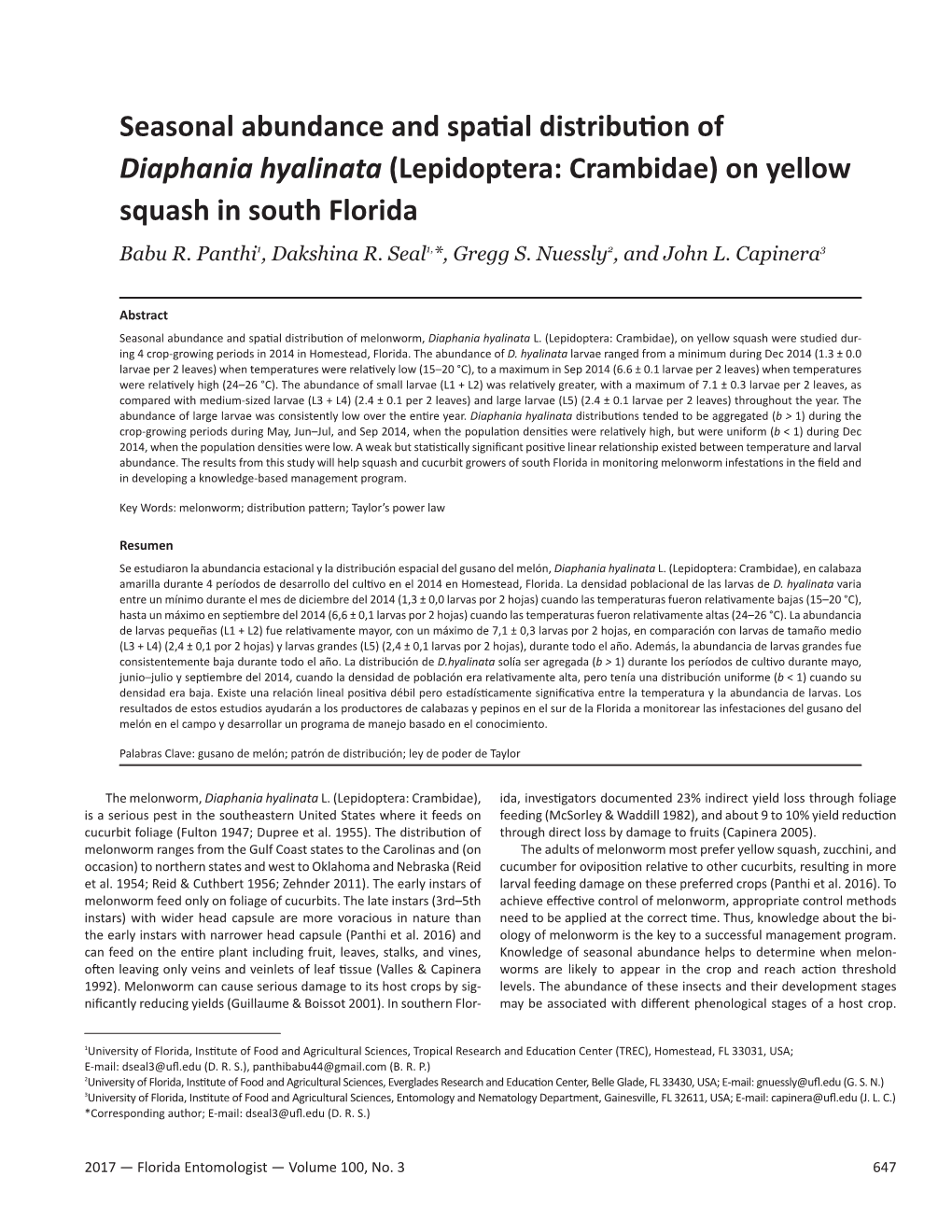 Seasonal Abundance and Spatial Distribution of Diaphania Hyalinata (Lepidoptera: Crambidae) on Yellow Squash in South Florida