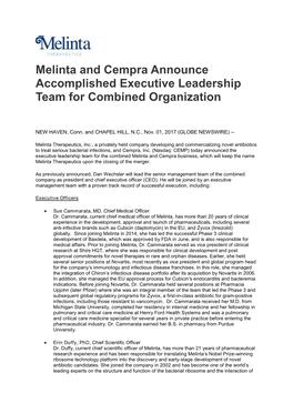Melinta and Cempra Announce Accomplished Executive Leadership Team for Combined Organization