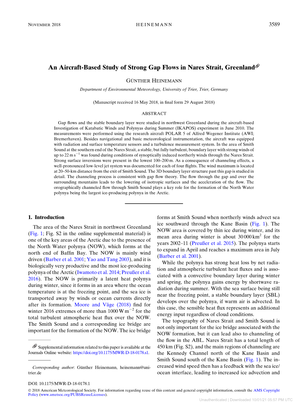 An Aircraft-Based Study of Strong Gap Flows in Nares Strait, Greenland