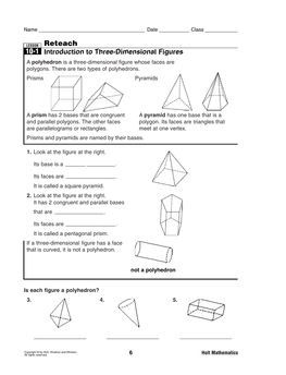 Reteach 10-1 Introduction to Three-Dimensional Figures a Polyhedron Is a Three-Dimensional Figure Whose Faces Are Polygons