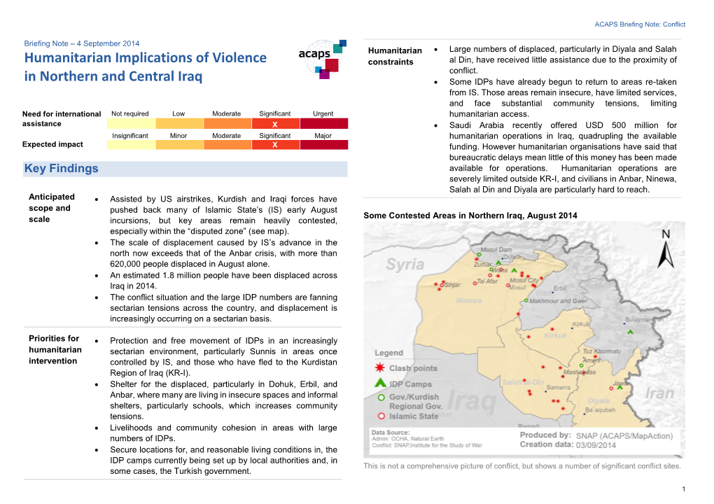 Humanitarian Implications of Violence in Northern and Central Iraq