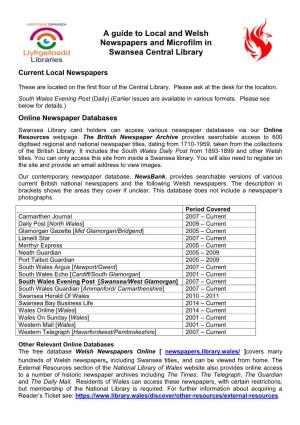 A Guide to Local and Welsh Newspapers and Microfilm in Swansea Central Library