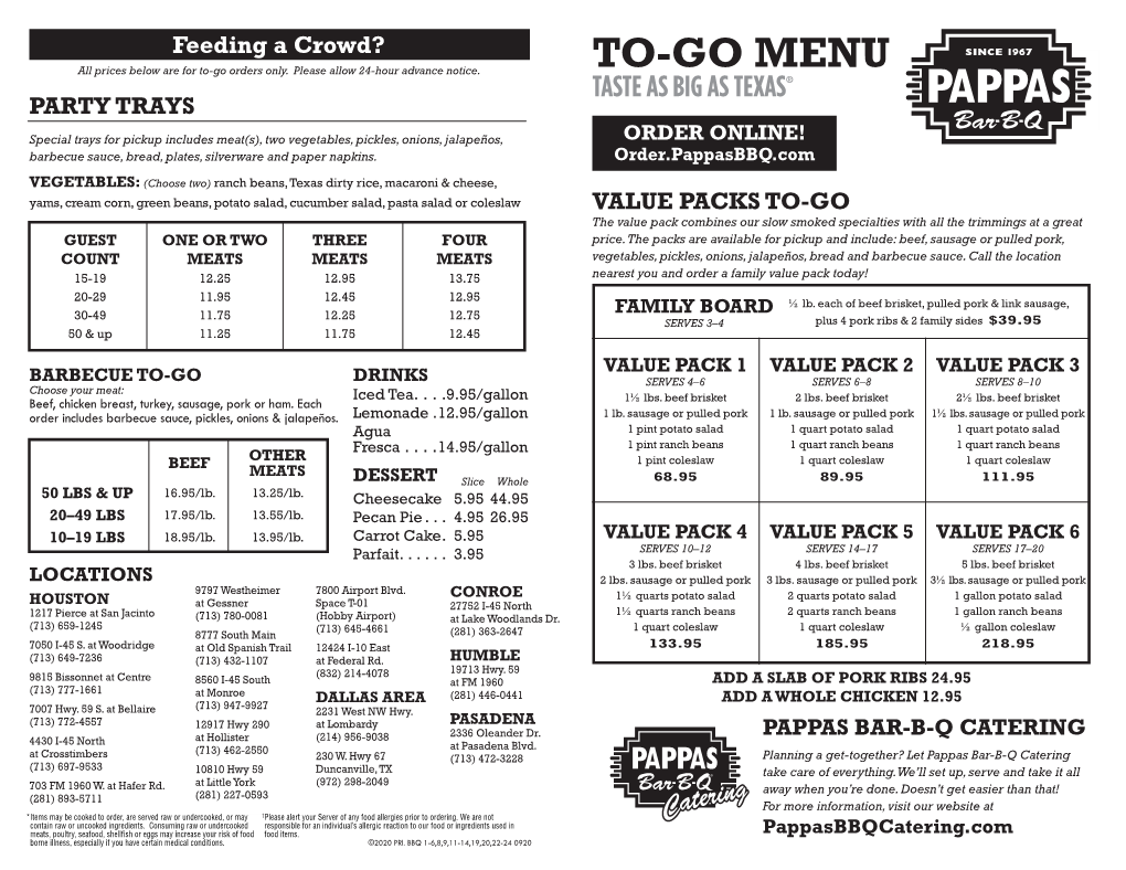 To-Go Menu Taste As Big As Texas® Party Trays