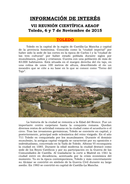 INFORMACIÓN DE INTERÉS VII REUNIÓN CIENTÍFICA AEAOF Toledo, 6 Y 7 De Noviembre De 2015