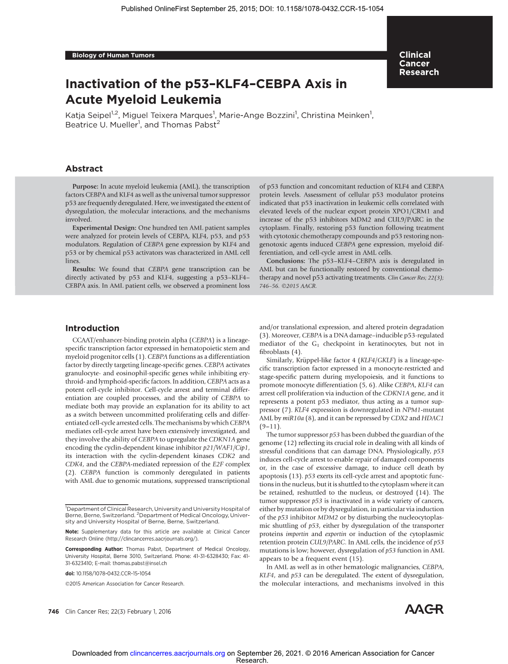 Inactivation of the P53–KLF4–CEBPA Axis in Acute Myeloid Leukemia Katja Seipel1,2, Miguel Teixera Marques1, Marie-Ange Bozzini1, Christina Meinken1, Beatrice U