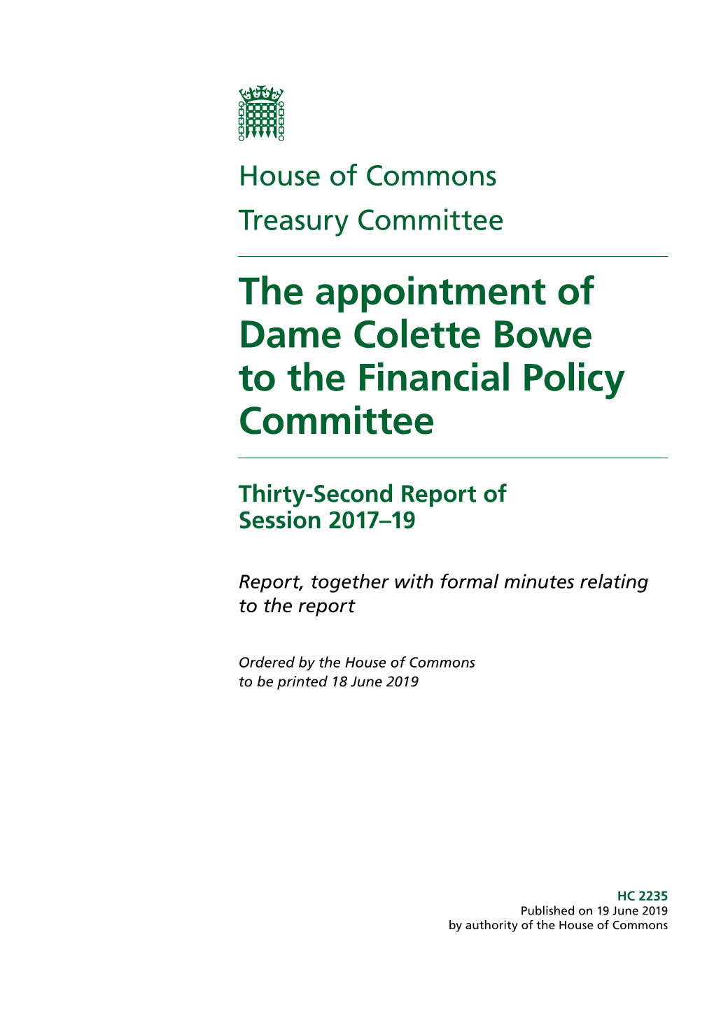 Appointment of Dame Colette Bowe to the Financial Policy Committee
