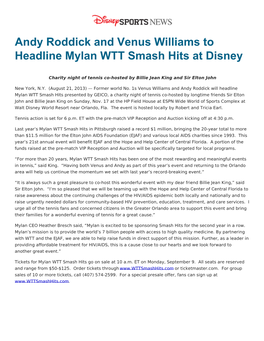 Andy Roddick and Venus Williams to Headline Mylan WTT Smash Hits at Disney