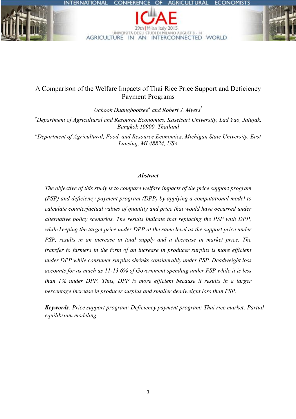 A Comparison of the Welfare Impacts of Thai Rice Price Support and Deficiency Payment Programs