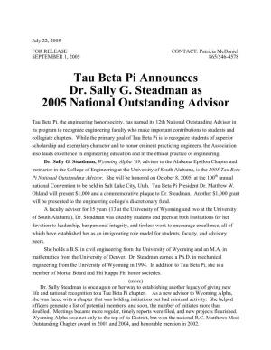 Tau Beta Pi Announces Dr. Sally G. Steadman As 2005 National Outstanding Advisor