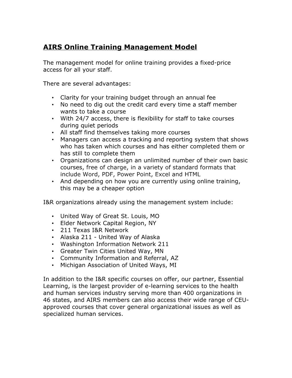 AIRS Online Training Management Model