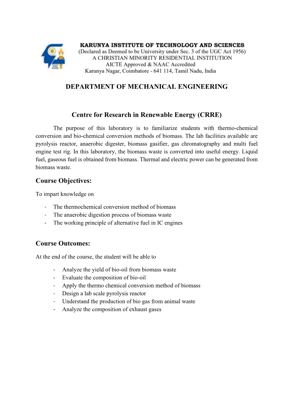 DEPARTMENT of MECHANICAL ENGINEERING Centre For