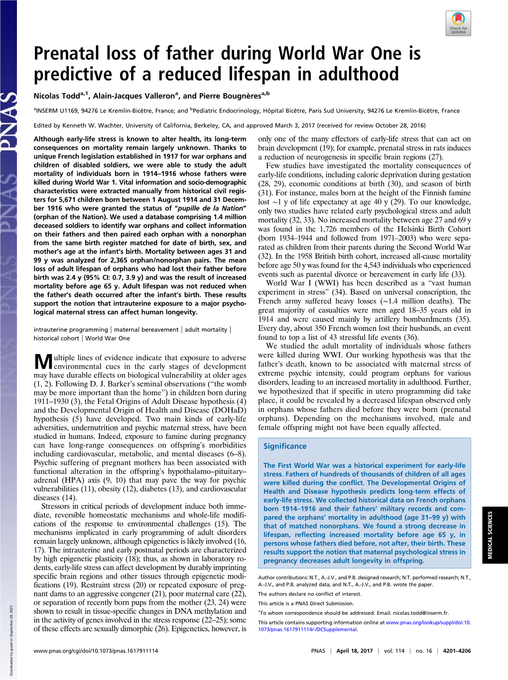 Prenatal Loss of Father During World War One Is Predictive of a Reduced Lifespan in Adulthood