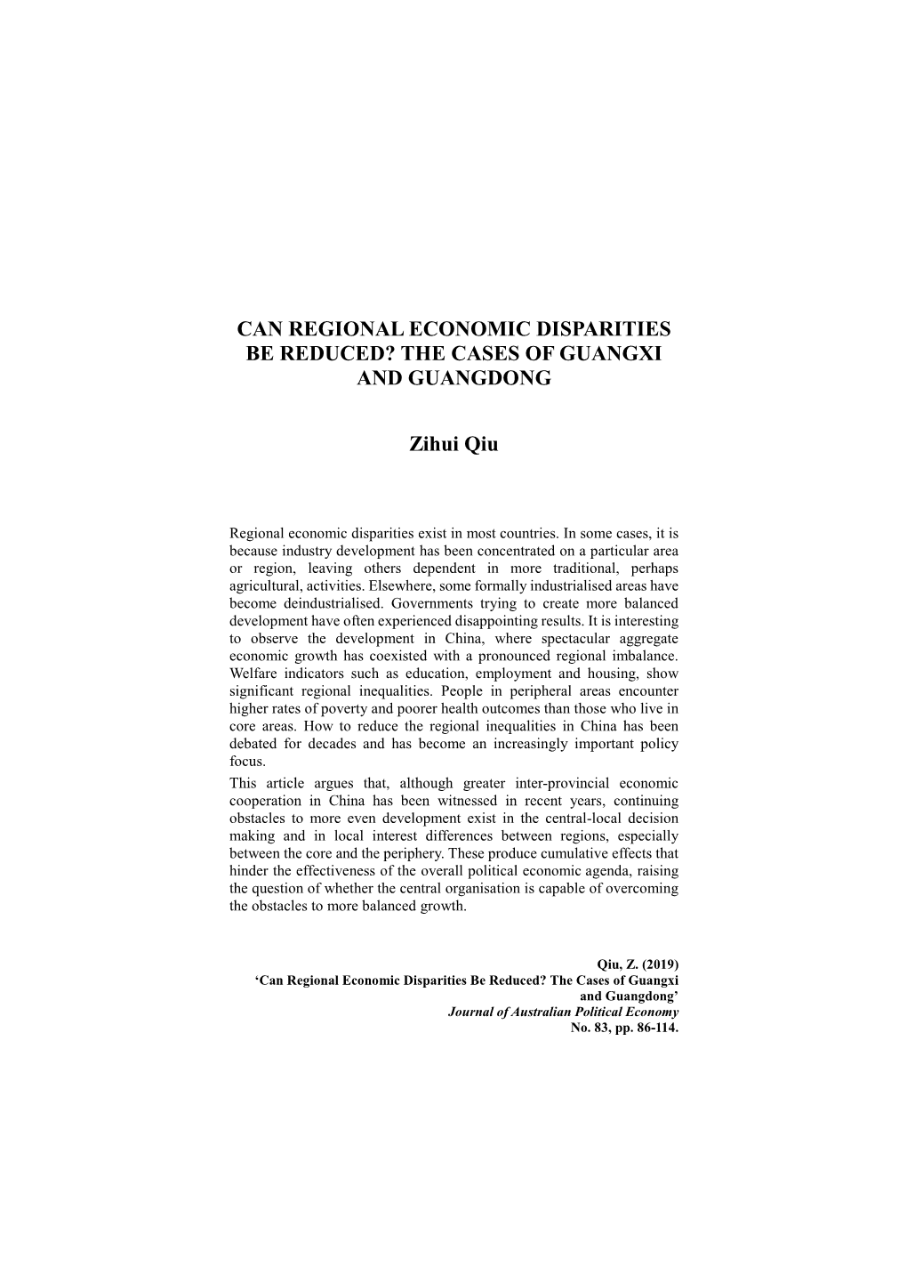 Can Regional Economic Disparities Be Reduced? the Cases of Guangxi and Guangdong