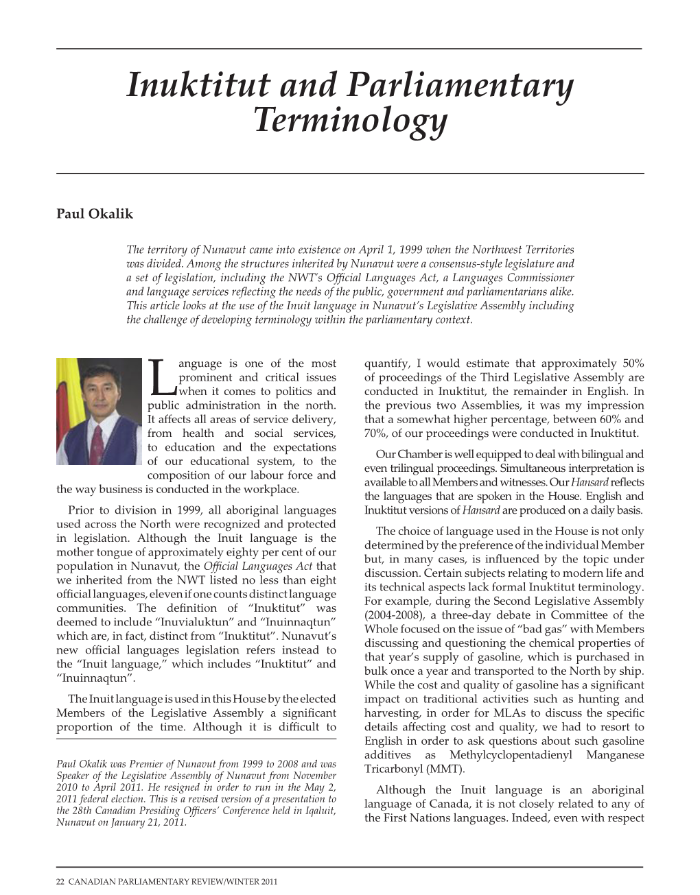 Inuktitut and Parliamentary Terminology