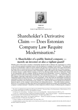 Shareholder's Derivative Claim –– Does Estonian Company Law