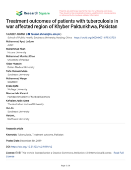 Treatment Outcomes of Patients with Tuberculosis in War Affected Region of Khyber Paktunkhwa, Pakistan