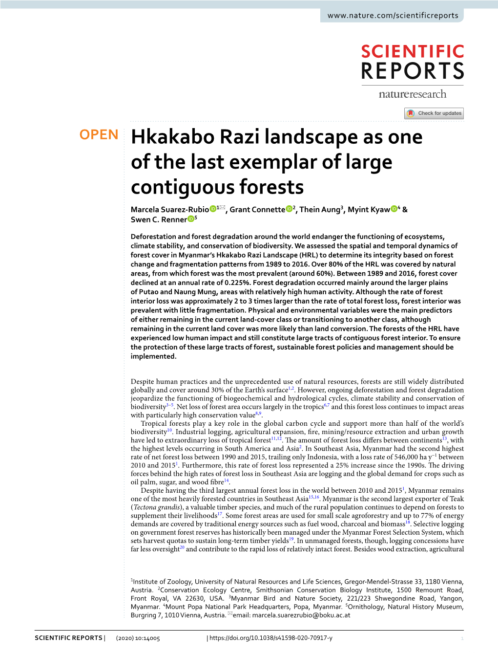 Hkakabo Razi Landscape As One of the Last Exemplar of Large Contiguous Forests Marcela Suarez‑Rubio 1*, Grant Connette 2, Thein Aung3, Myint Kyaw 4 & Swen C