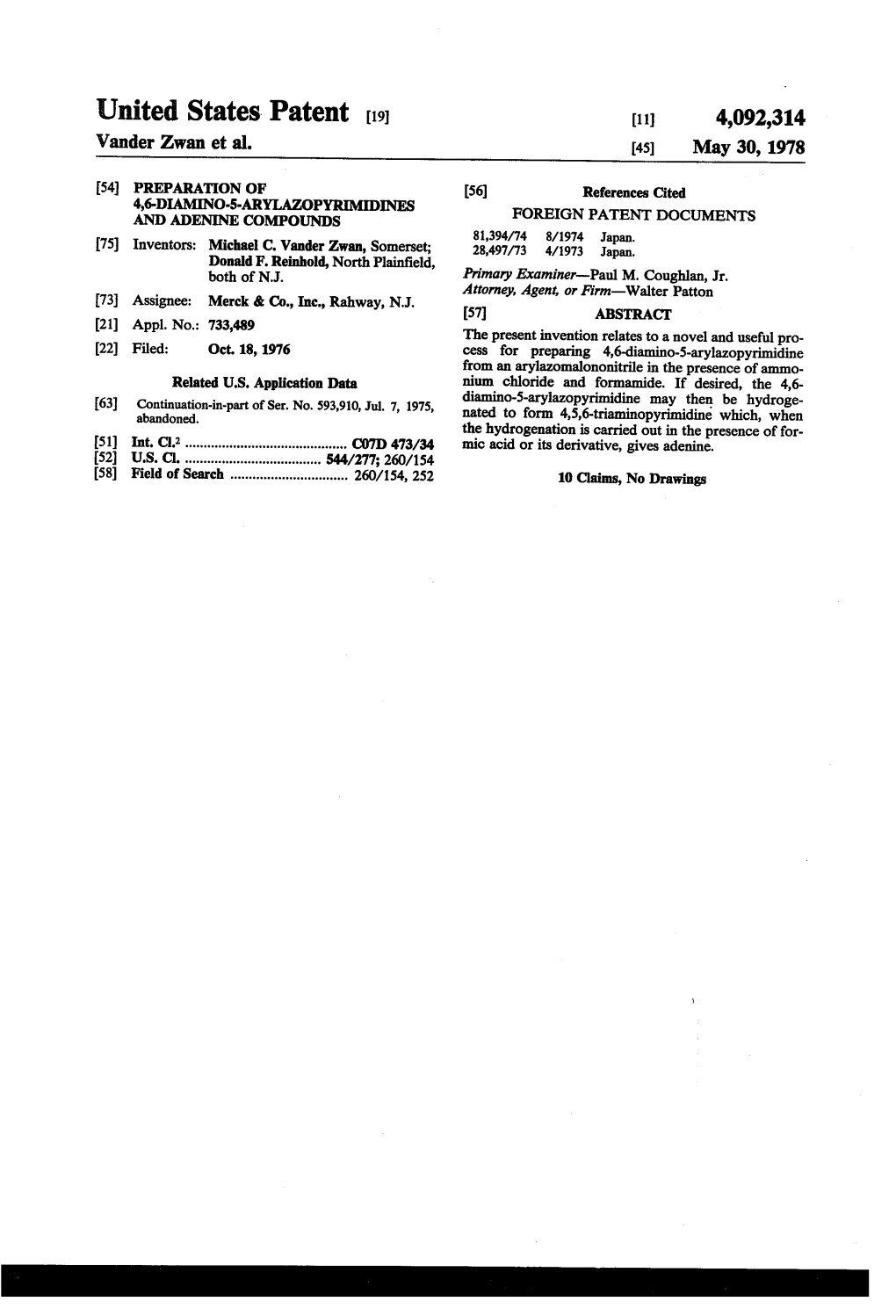 United States Patent (19) 11 4,092,314 Vander Zwan Et Al