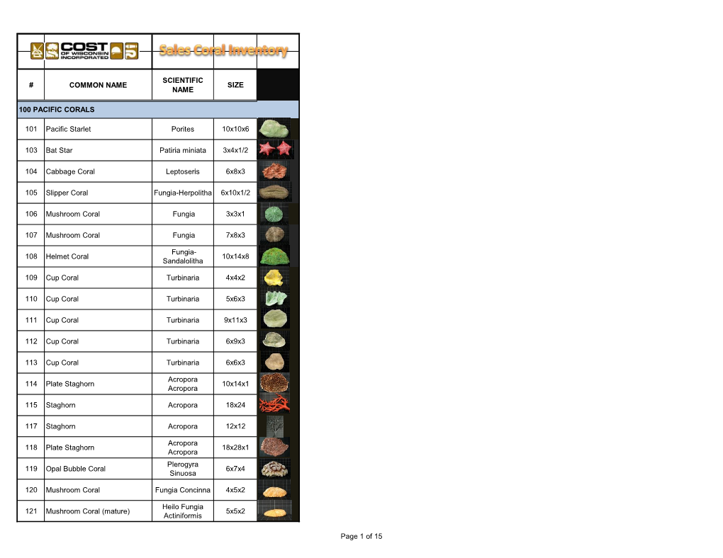Common Name Scientific Name Size 100 Pacific Corals 101