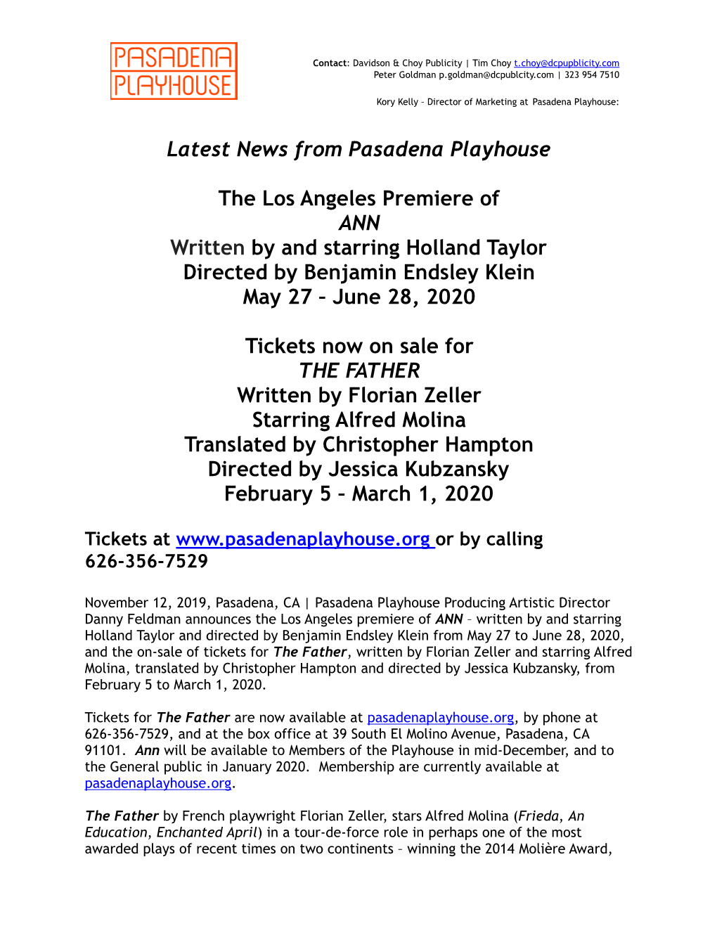 Latest News from Pasadena Playhouse