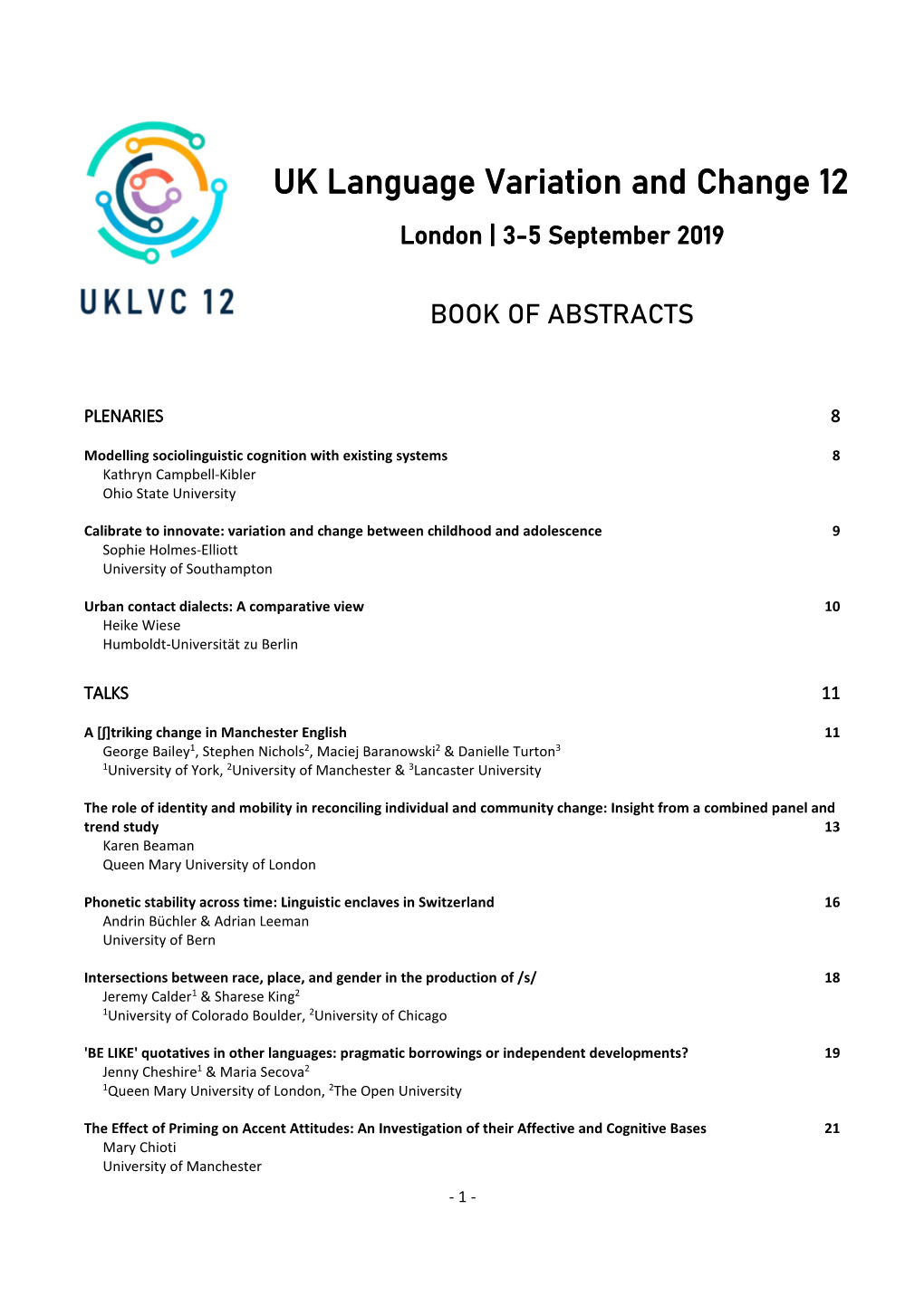 UK Language Variation and Change 12 London | 3-5 September 2019