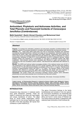 Antioxidant, Phytotoxic and Antiurease Activities, and Total Phenolic and Flavonoid Contents of Conocarpus Lancifolius (Combretaceae)