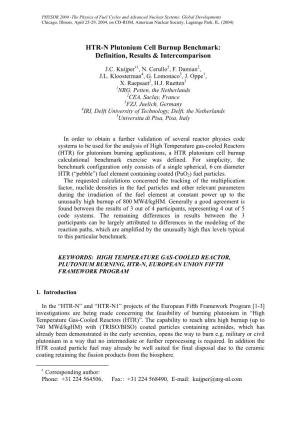 HTR-N Plutonium Cell Burnup Benchmark: Definition, Results & Intercomparison
