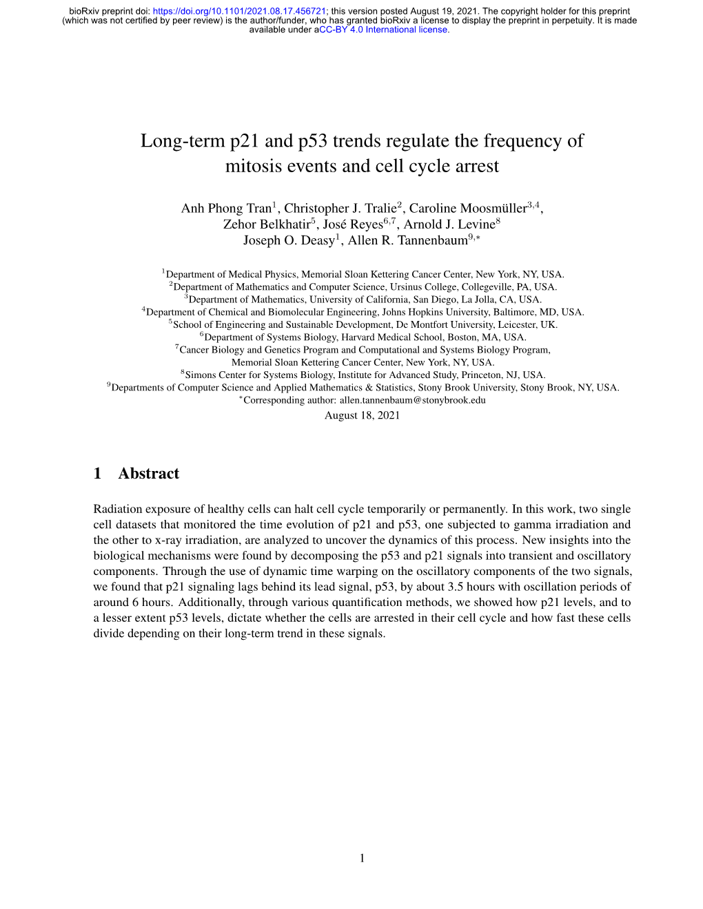 Long-Term P21 and P53 Trends Regulate the Frequency of Mitosis Events and Cell Cycle Arrest