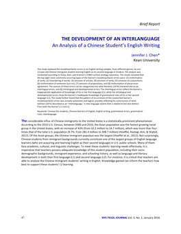 THE DEVELOPMENT of an INTERLANGUAGE an Analysis of a Chinese Student’S English Writing