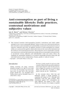 Anti-Consumption As Part of Living a Sustainable Lifestyle: Daily Practices, Contextual Motivations and Subjective Values Iain R