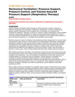 Mechanical Ventilation: Pressure Support, Pressure Control, and Volume-Assured Pressure Support (Respiratory Therapy) ALERT Never Disable Ventilator Alarms