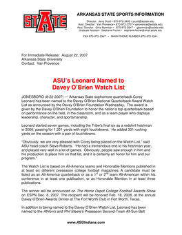 ASU's Leonard Named to Davey O'brien Watch List