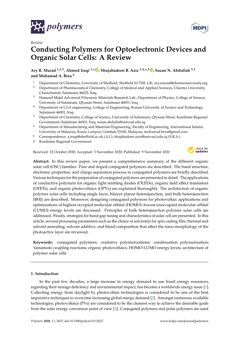 Conducting Polymers for Optoelectronic Devices and Organic Solar Cells: a Review