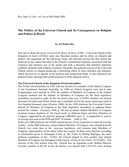 The Politics of the Universal Church and Its Consequences on Religion and Politics in Brazil