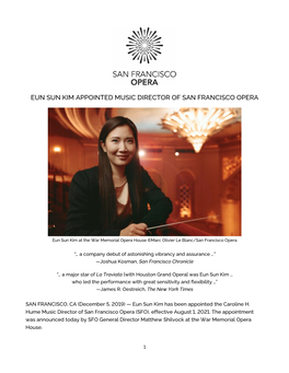 Eun Sun Kim Appointed Music Director of San Francisco Opera